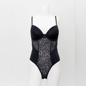 Women black teddy bodysuit leaves lace